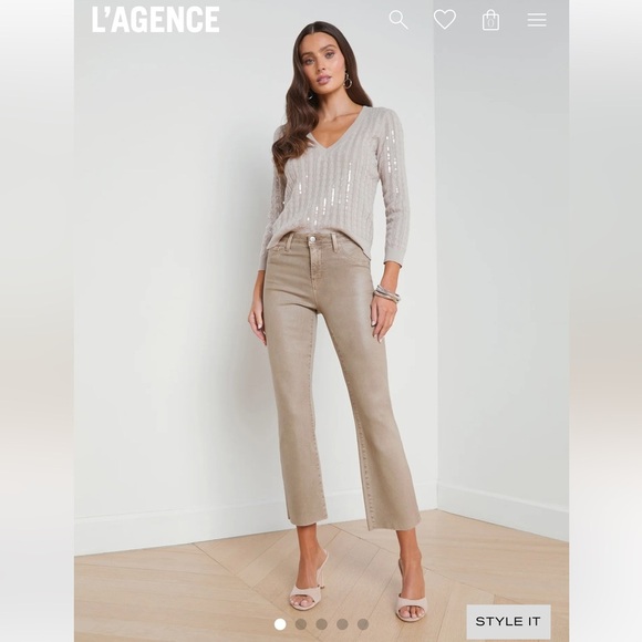 L’AGENCE kendra high rise cropped flare rye coated jeans pants khaki stretchy - Picture 4 of 16